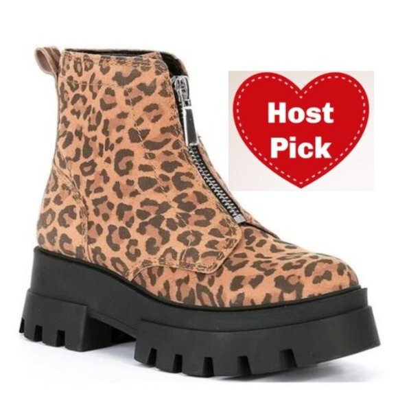 Gianni Bini Leopard Print Suede Zip Chunky Lug Sole Platform Booties